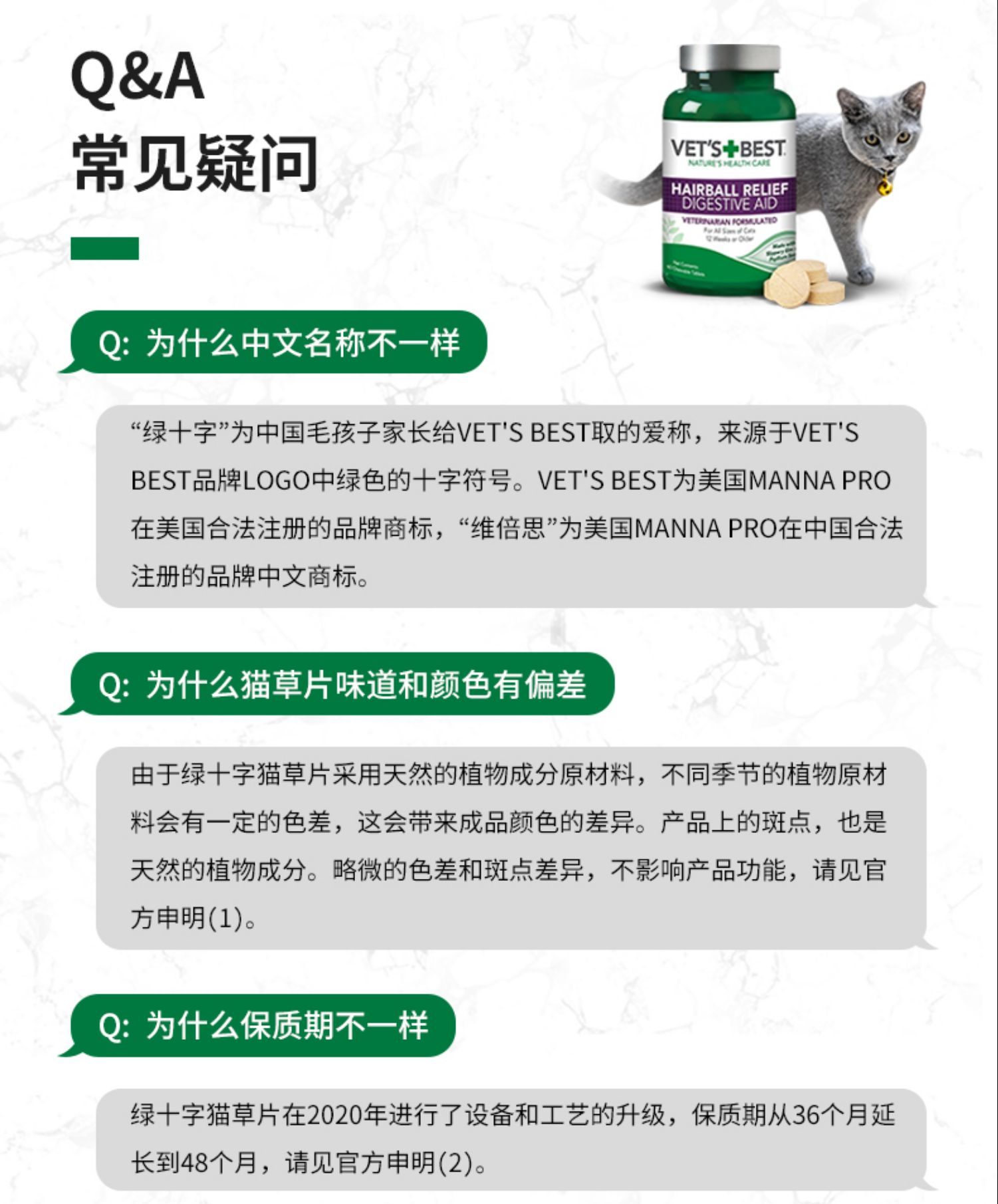 （正品带防伪）美国VetsBest 绿十字猫草片